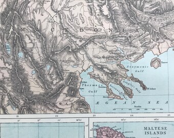 1875 Macedonia, Madeira & Malta Original Antique Map - Available Matted and Framed - Vintage Wall Map - Europe - Balkans