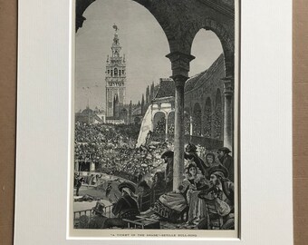 1876 Seville Bull Ring - 'A Ticket in the Shade' Original Antique Wood Engraving - Mounted and Matted - Spain - Available Framed