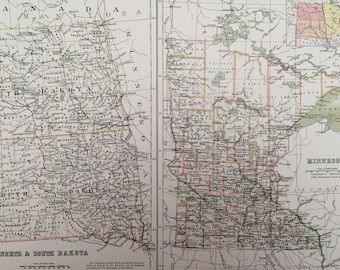 1898 North and South Dakota and Minnesota Large Original Antique A & C Black Map - United States - Victorian Wall Decor - Wedding Gift Idea