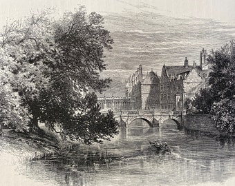 1876 The Bridges, St John's College Original Antique Engraving - Mounted and Matted - Bridge of Sighs - Cambridge University