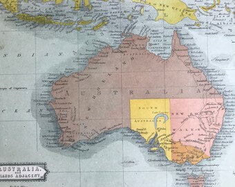 1863 Australia and Islands Adjacent Original Antique Map - Australasia - Papua New Guinea - Tasmania - Vintage Wall Map - Available Framed