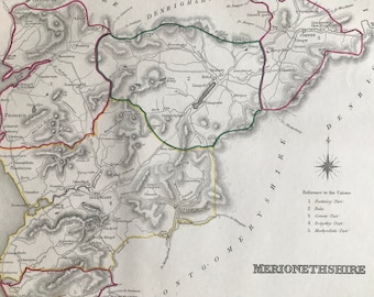 1845 Merionethshire Original Antique Hand-Coloured Engraved Map - UK County Map - Decorative Art - Cartography - Wall Decor - Wales