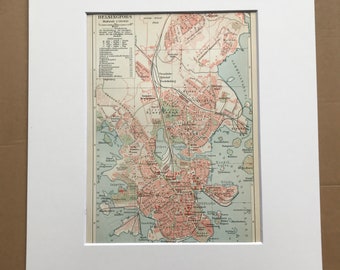 1924 Helsinki Original Antique Map - Finlande - Plan de la ville - Helsingfors - Monté et matelassé - Disponible Encadré