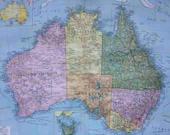 1920 Australia (Political) Extra Large Original Antique Map with inset maps of Tasmania and Population of Australia - Cartography