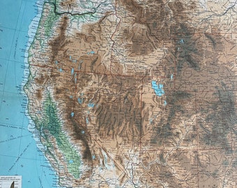 1922 UNITED STATES (Western Section) Large Original Antique Times Atlas Physical Map - Rockies - California - Colorado - Oregon - Nevada