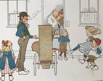 1898 Children of East London 'The Organ Grinder' Original Antique Edith Farmiloe Illustration - Nursery Decor - Available Framed
