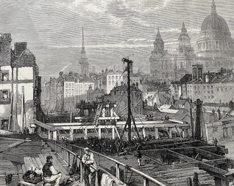 1864 Blackfriars Bridge - Railway Works and opening towards Ludgate Hill, temporary Bridge Original Antique Engraving - Available Framed