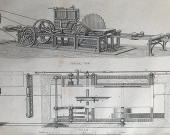 1858 Sawing Machinery Original Antique Engraving - Victorian Technology - Carpentry - Gift for Carpenter - Available Framed