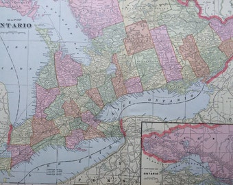 1901 ONTARIO Large Original Antique Map, 22.5 x 14.5 inches, Home Decor, Cartography, Geography, Vintage Decor, Canada