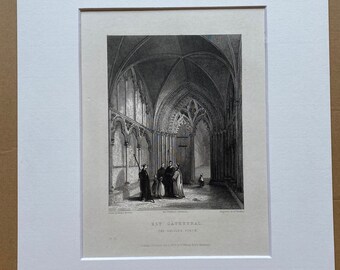 1838 Ely Cathedral - The Galilee Porch Original Antique Engraving - Cambridgeshire - Architecture - Mounted and Matted - Available Framed