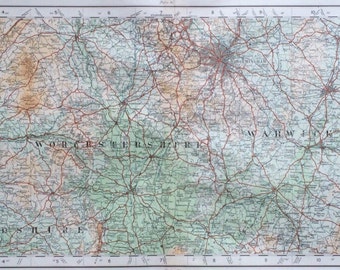 1922 Worcestershire, Herefordshire, Warwickshire Original Antique Panorama Map - Ordnance Survey