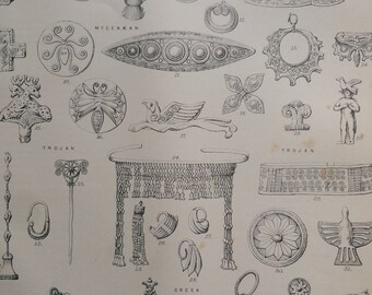 1875 Jewellery Original Antique Matted Engraving - Egyptian, Mycenaean, Trojan, Greek, Etruscan - Matted & Available Framed