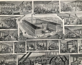 1897 Technical Workshops of the Bibliographic Institute Original Antique Print - Available Framed