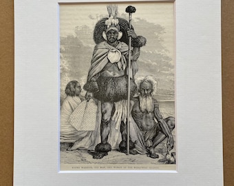 1880 Young Warrior, Old Man and Woman of the Marquesas Islands Original Antique Print - Mounted and Matted - Available Framed