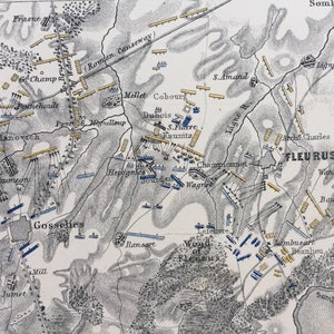 1875, Schlacht von Fleurus - 1794, Originale antike Karte - Französisch,Österreich - Schlachtkarte - Militärgeschichte - gerahmt erhältlich