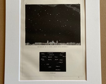 1869 The Midnight Sky at London - September Original Antique Print - Mounted and Matted - Available Framed - Astronomy - Star Constellation
