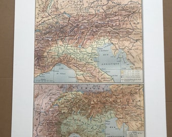 1897 Alps Original Antique Map - Switzerland - Italy - Austria - France - Mountain Range - Mounted and Matted - Available Framed