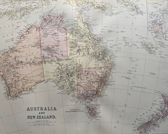1882 Australia and New Zealand Large Original Antique Map with inset map of the Torres Strait - Pastel Colour Map - Australasia