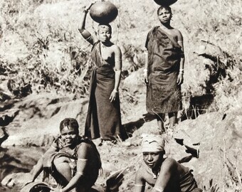 1940s Zulu Belles at the Village Pool Original Vintage Sepia Photo Print - South Africa - Mounted and Matted - Available Framed