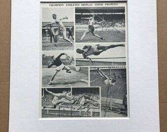 1940s Champion Athletes display their prowess Original Vintage Print - Sports - Athletics - Mounted and Matted - Available Framed