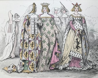 1867 Original Antique Hand-Coloured Wood Engraving - Alfred Grevin - Women in Historical Costume - Whimsical Art - Period Fashion