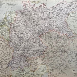 1882 Mitteleuropa mit den wichtigsten Eisenbahnen und den politischen Grenzen am Ende des Deutsch-Französischen Krieg Große Original Antike Karte