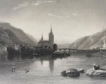 1836 Bingen, Germany Original Antique Print - Engraving - Mounted and Matted - Available Framed