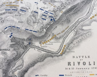 1875 Battle of Rivioli, 1797 Original Antique Map - French - Austrians - Battle Map - Military History - Available Framed