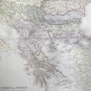 1882 トルコ、ギリシャ、セルビア、ルーマニア、ブルガリア、ボスニア、モンテネグロの大型オリジナルアンティーク地図、15 x 22 インチ、室内装飾、地図作成