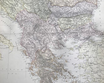 1882 Turkey, Greece, Serbia, Romania, Bulgaria, Bosnia & Montenegro Large Original Antique Map, 15 x 22 inches, Home Decor, Cartography