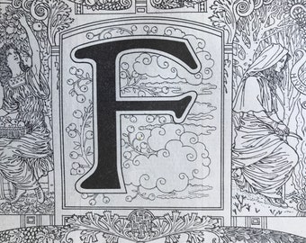 1923 Letter F Art Nouveau Original Antique Print - Mounted and Matted - Decorative Art - Alphabet - Gift Idea - Name Day Present
