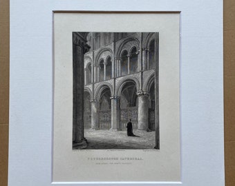 1838 Peterborough Cathedral - View across North Transept Original Antique Engraving - Architecture - Mounted and Matted - Available Framed