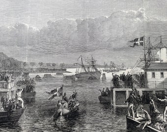 1864 The King of Denmark visiting the North Sea Squadron on its return to Copenhagen Original Antique Print - Available Framed