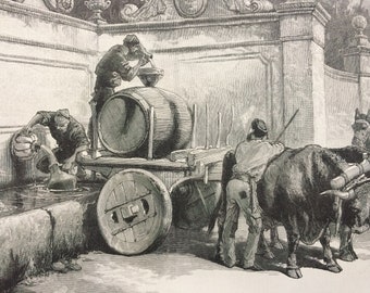 1883 Fountain at Cintra, near Lisbon Original Antique Engraving - Victorian Decor - Portugal - Portuguese History - Unique Wall Decor