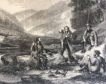 1860 Original Antique Engraving - River Scene - Wales. Salmon Fishing: Ascertaining the Weight by A.F. Rolfe - Victorian Wall Decor