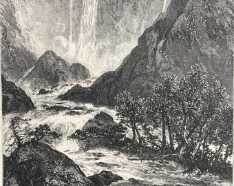 1876 The Falls of Terni Original Antique Wood Engraving - Mounted and Matted - Landscape Art - Marmore Waterfall - Italy - Waterfall