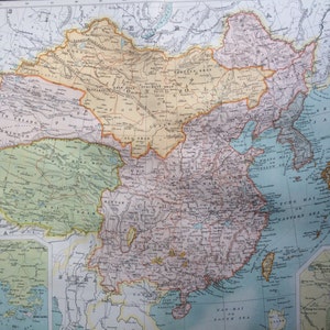 EMPIRE CHINOIS ET JAPON 1898 Grande carte ancienne originale, 34 x 45 cm, décoration murale historique, carte de Barthélemy, décoration d'intérieur, cartographie