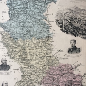 Carte ancienne originale de la Loire, 1890 - Département de France - Gravures sur acier hors-texte de Saint-Etienne et de portraits de dignitaires locaux