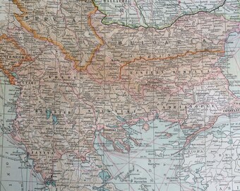 1903 Turkey in Europe Original Large Antique Map - Balkan Peninsula - Greece, Serbia, Albania, Bulgaria, Macedonia, Montenegro