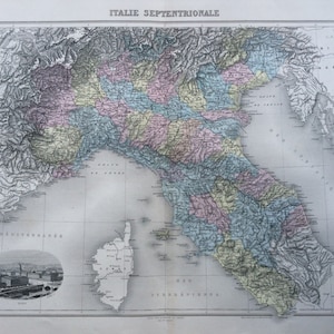 1892 イタリア セプテントリオナーレ オリジナル アンティーク マップ、ヌーベル アトラス イラストレ、フランスの地図帳、地理、地図作成、歴史地図