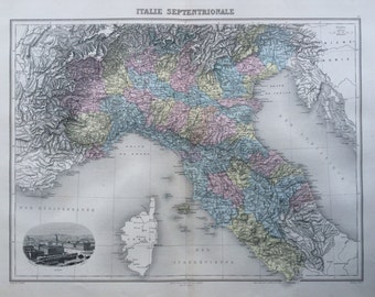 1892 Italie Septentrionale Original Antique Map, Nouvel Atlas Illustre, French atlas map, Geography, Cartography, Historical Map