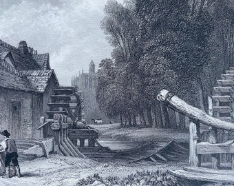 1836 Water Mills at Eu, France Original Antique Print - Engraving - Mounted and Matted - Available Framed
