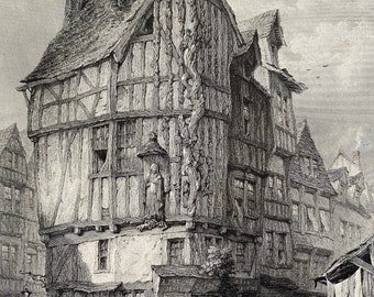 1876 House of the Tree of Jesse, Joigny Original Antique Engraving - Mounted and Matted - France - Available Framed