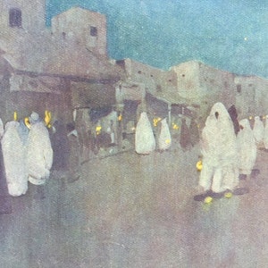 1904 A Night Scene in Mogador, Morocco Original Antique Print - Moroccan Landscape - Morocco - Mounted and Matted - Available Framed