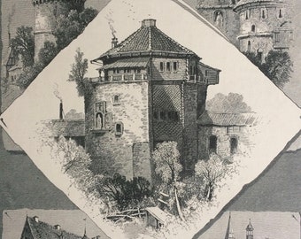 1876 Glimpses of Goslar Original Antique Wood Engraving - Mounted and Matted - Germany - German Architecture - Decorative Art