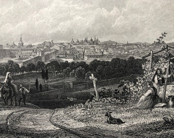 1871 Madrid Original Antique Steel Engraving - Spain - Landscape - Mounted and Matted - Available Framed