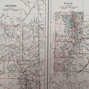 Grande carte noire originale de l'Arizona et de l'Utah de 1898 en A et C - États-Unis - Déco murale victorienne - Idée cadeau de mariage