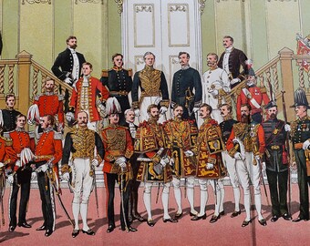 1910 British Court Uniforms Original Antique Print  by F. Stansell - Military Uniform