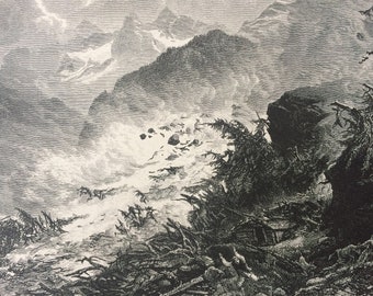 1876 Avalanche in the Madaraner Thal Original Antique Wood Engraving - Alps - Switzerland - Mountain - Mounted and Matted - Available Framed