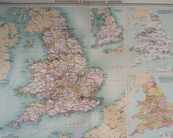 1903 ENGLAND & WALES (Ecclesiastical and Parliamentary Divisions) Large Original Antique Map, 17.5 x 23 inches, historical wall decor